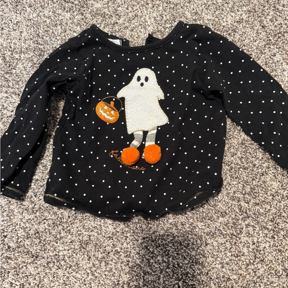 Mud Pie Black Polka Dot Toddler Top with Ghost Applique and Orange Pom Accents